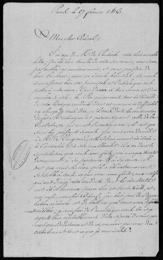 Correspondance entre Dubouchage, ministre de la marine et des colonies, et Vaugiraud, février 1816-février 1817. - 11 lettres.